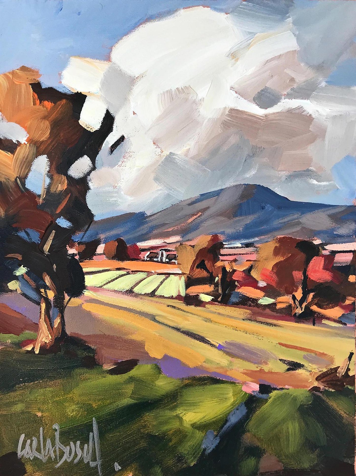 Painting of rural farming land in South Africa's Western Cape, by artist Carla Bosch.