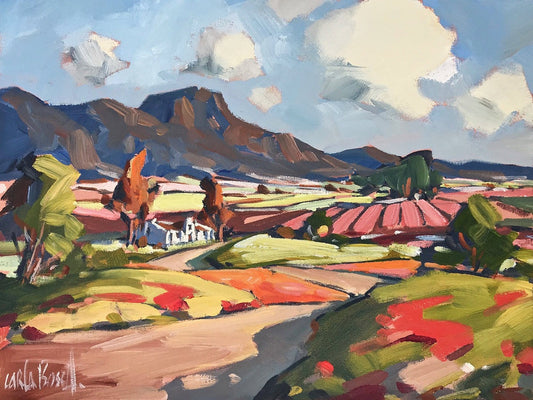 Painting of rural farming land in South Africa's Western Cape, by artist Carla Bosch.