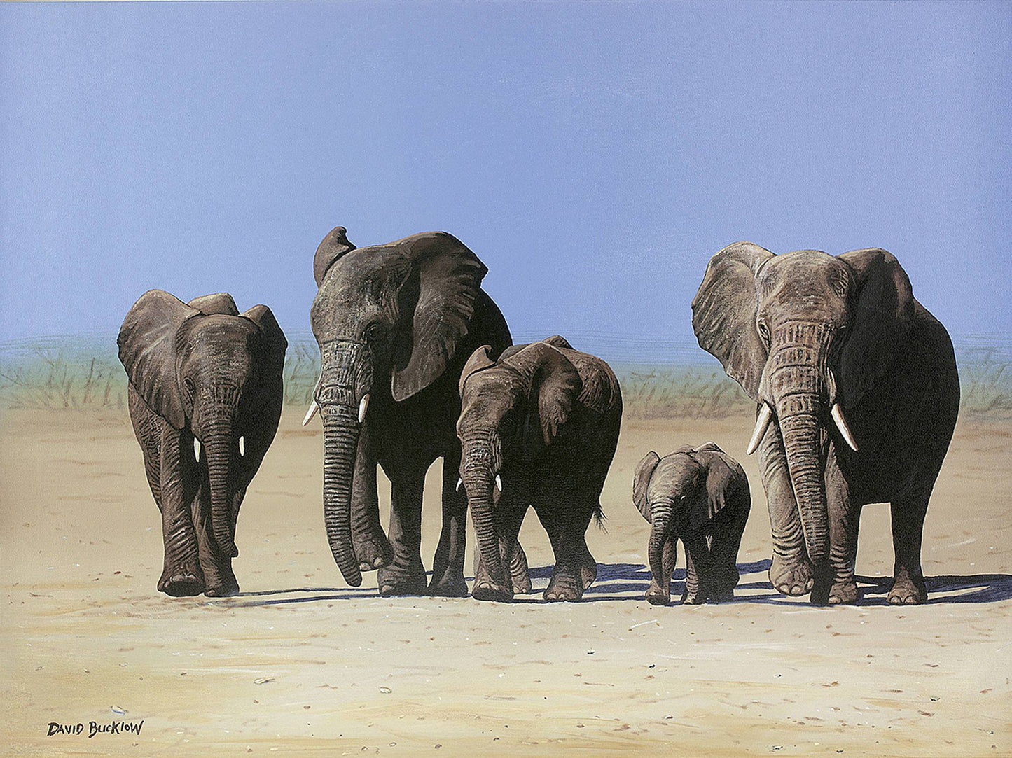 African elephants artwork illustrating an elephant herd migrating across a dusty desert plain.