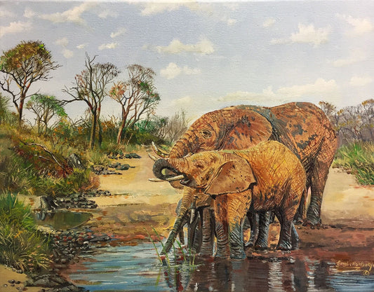 South African Original Art by Errol Norbury - Elephants at the Waterhole - Fine Art Portfolio