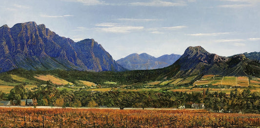 Oil painting of Franschhoek winelands, vineyards, valley and surrounding mountains.