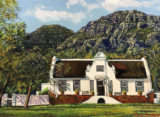Oil painting of Rustenberg Wine Estate's Cape Dutch Homestead, outside Stellenbosch.