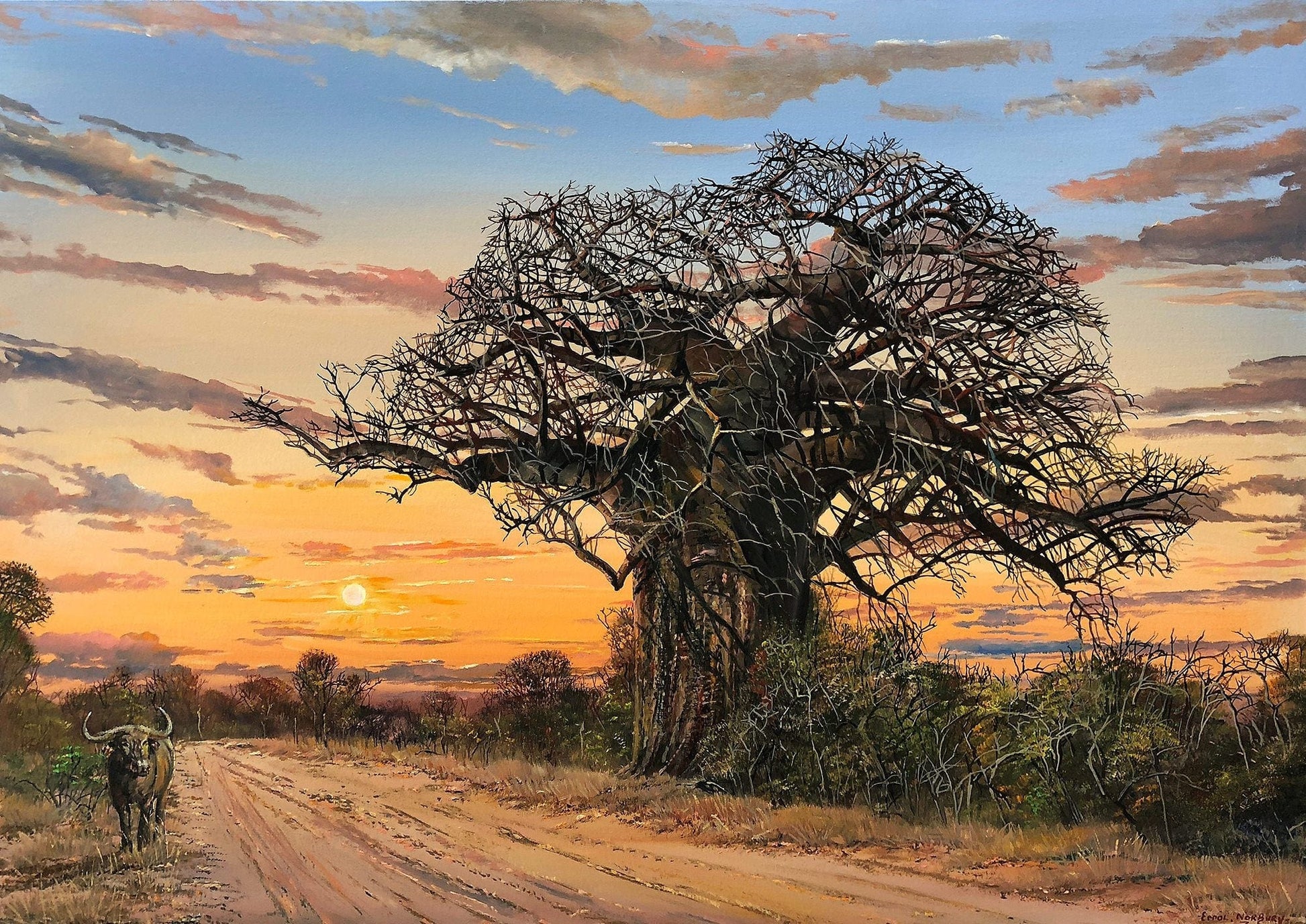 Original oil on canvas painting by artist Errol Norbury of old baobab tree with buffalo at sunset.