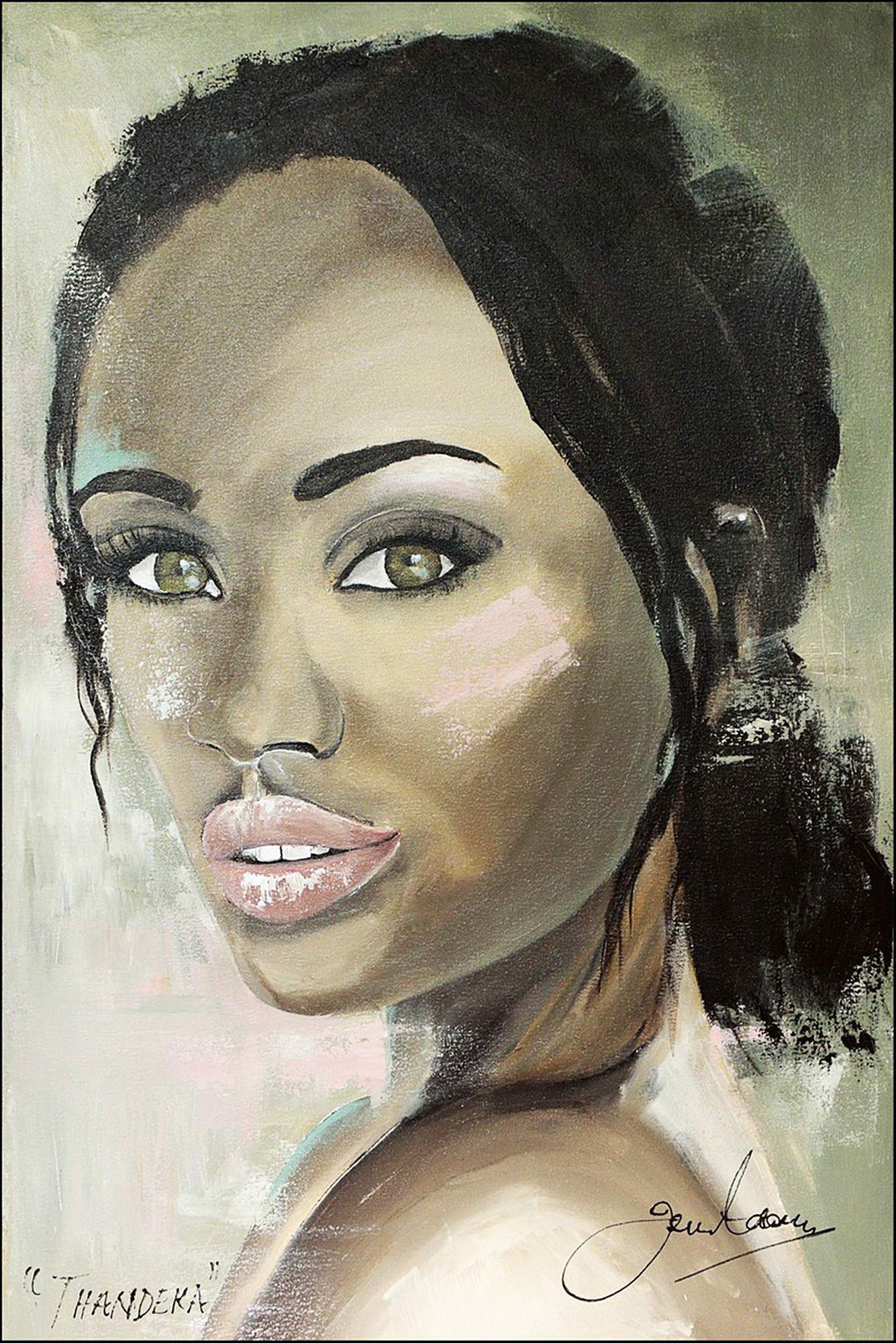 Original painting of a beautiful South African woman up close with flowing hair.