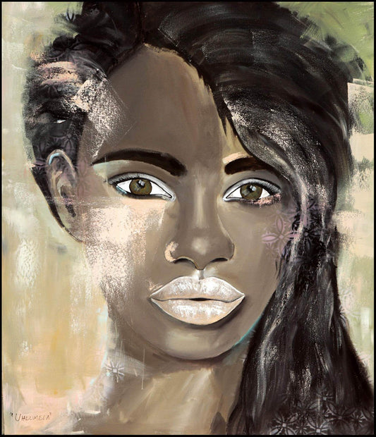 Original painting of South African woman up close with flowing hair.