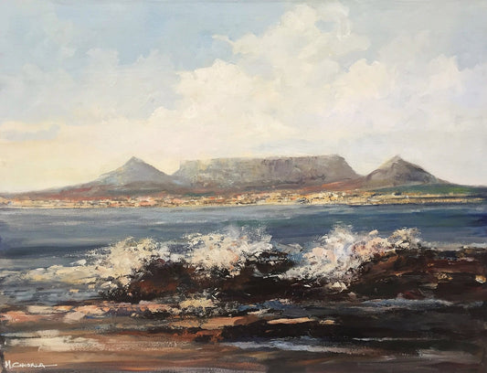 South African Original Art by Mauro Chiarla - Waves Crashing beyond Table Mountain - Fine Art Portfolio