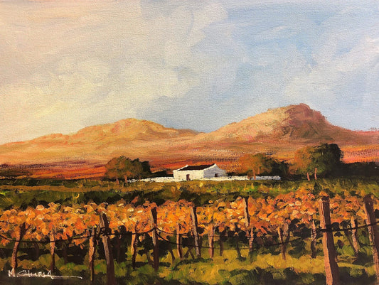 Oil on canvas painting of farm house in vineyards.