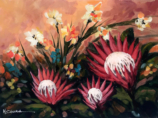 Protea Flowers Among the Bluebells