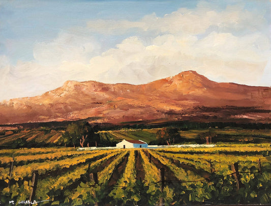 Original painting of Cape Winelands and vineyards, with a farm homestead in the distance.