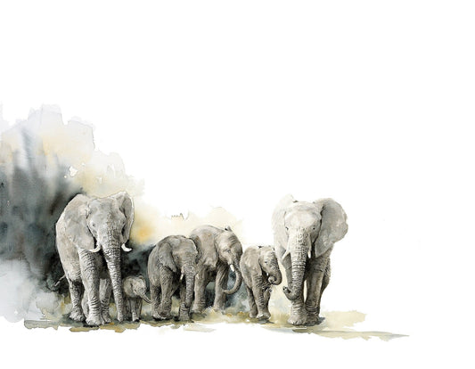 A limited edition fine art print of an Elephant Herd by South African artist Sue Dickinson
