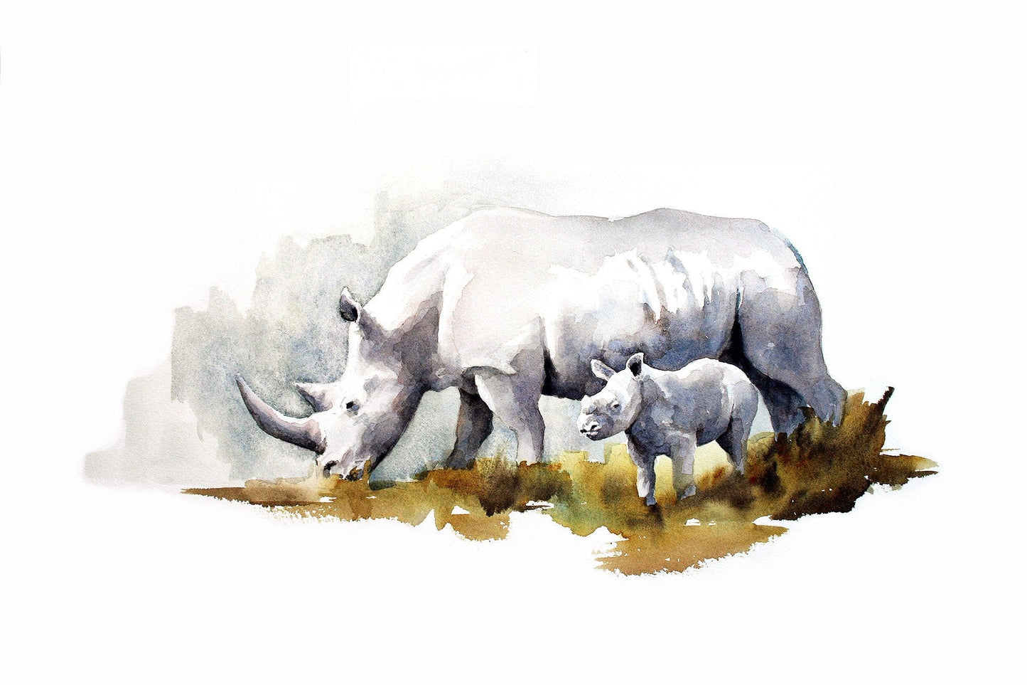 Watercolor painting of a Rhino mother and baby