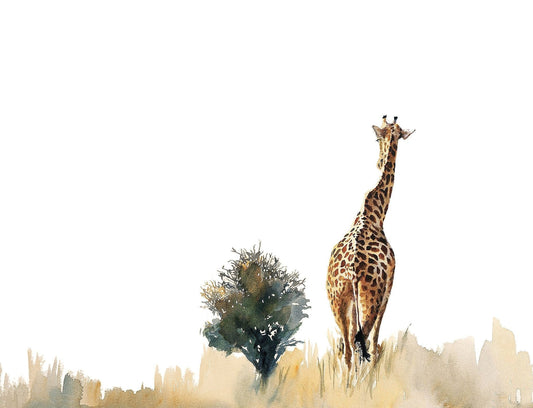 Giraffe Art - Watercolour painting of a giraffe next to a tree by South African wildlife artist Sue Dickinson