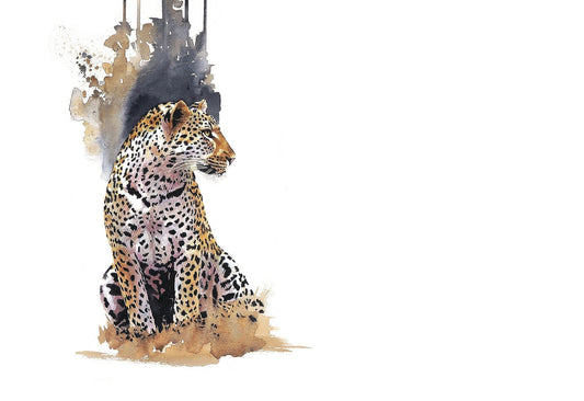 Watercolour artwork of a leopard in the moonlight