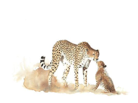 Limited edition art print cheetah mother & her baby cub, South African wildlife artist Sue Dickinson