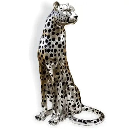 Sitting Silver-Plated Cheetah Sculpture